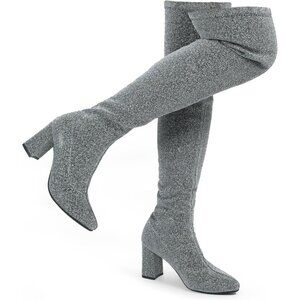 🆕HaHawkwell Women Silver Chunky Thigh High Over Knee High heel Boots Pointy toe